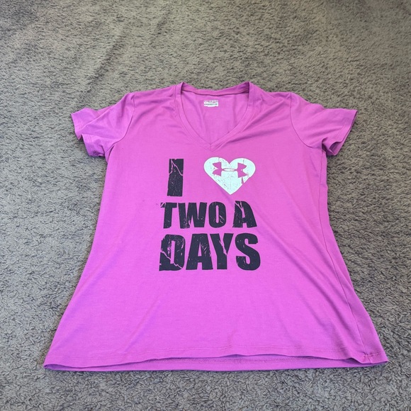 Under Armour Tops - Under Armour I Love Two A Days T-Shirt Purple V-Neck Heat Gear Loose Fit M